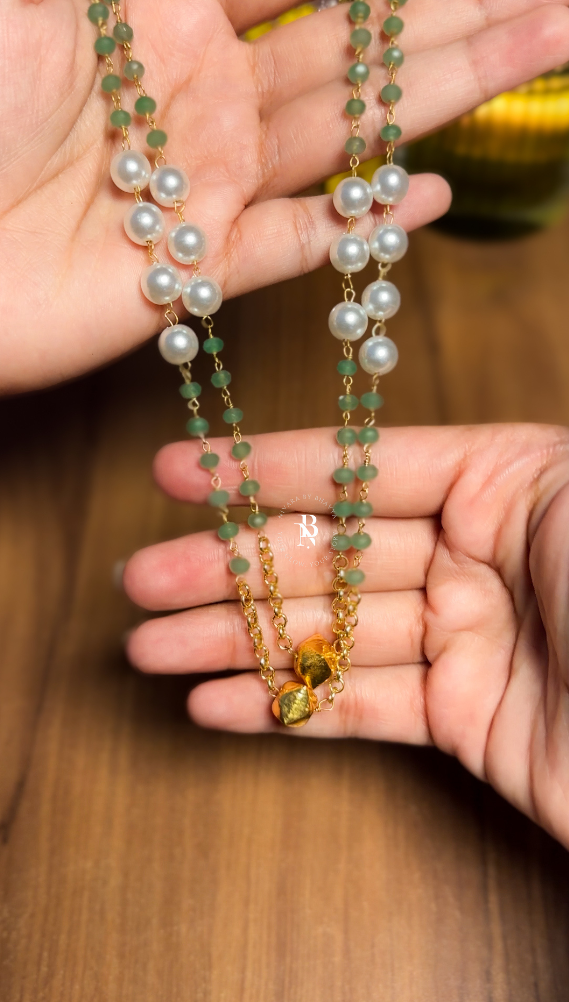 Pearl & Mint Green Beads Double Layer Necklace