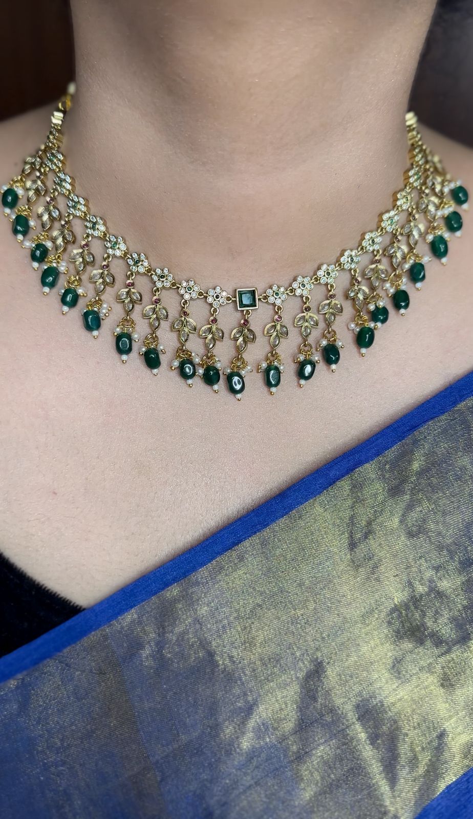 Emerald Polki Pearl Drop Necklace
