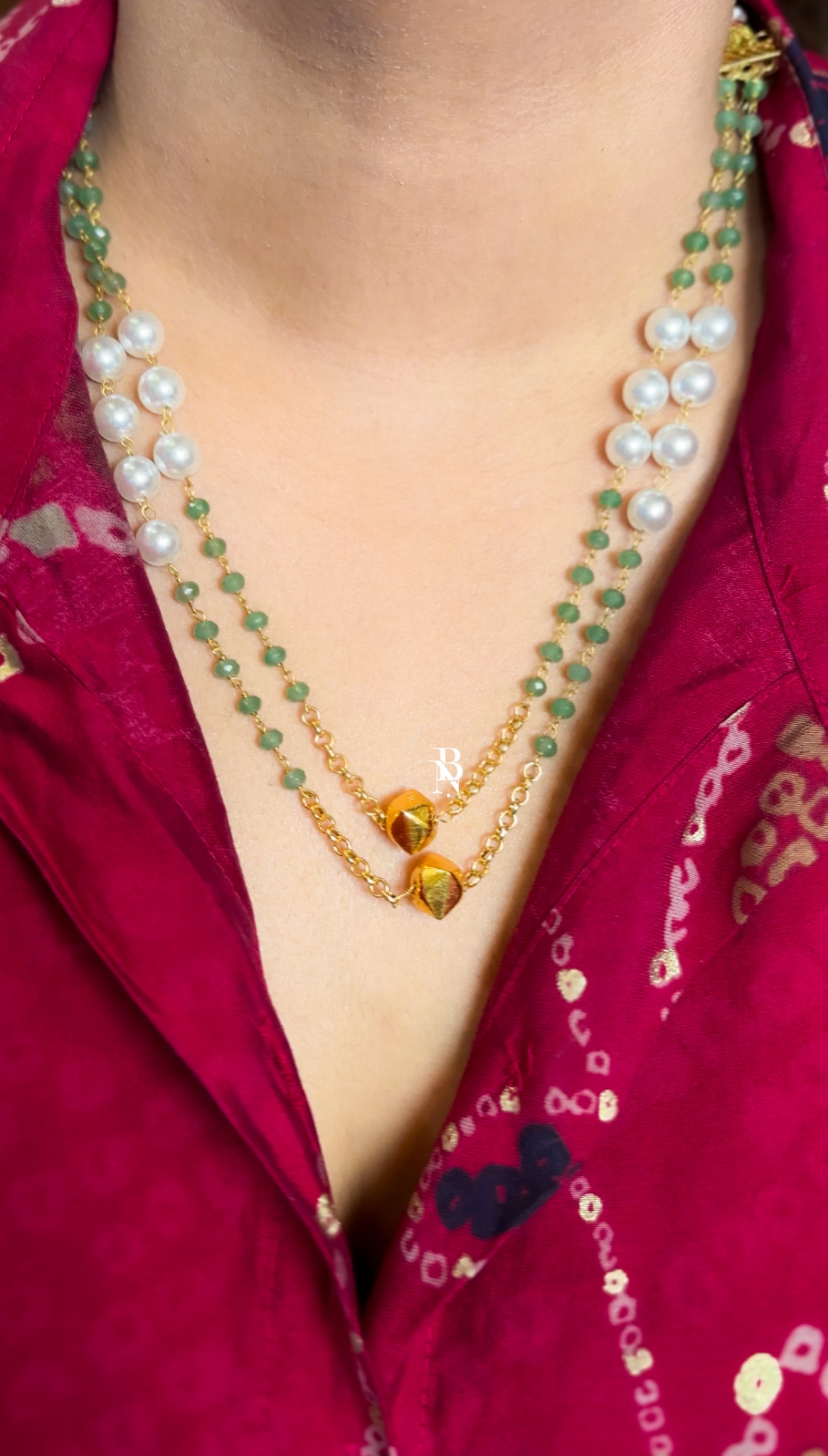 Pearl & Mint Green Beads Double Layer Necklace