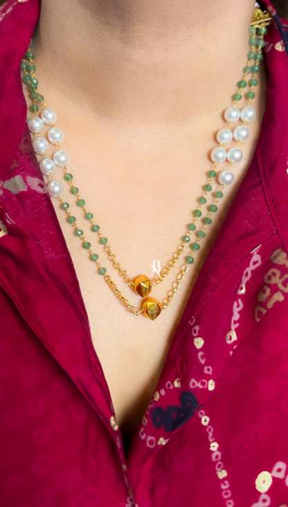 Pearl & Mint Green Beads Double Layer Necklace
