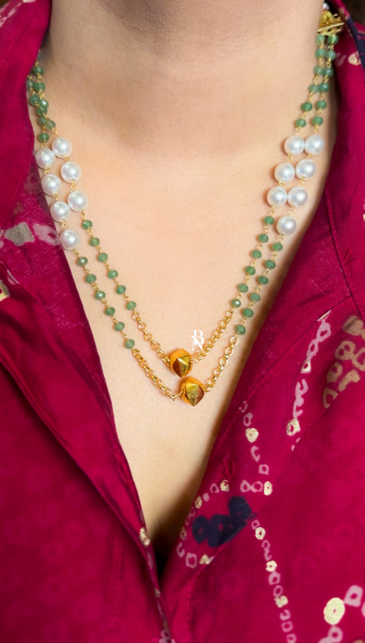 Pearl & Mint Green Beads Double Layer Necklace