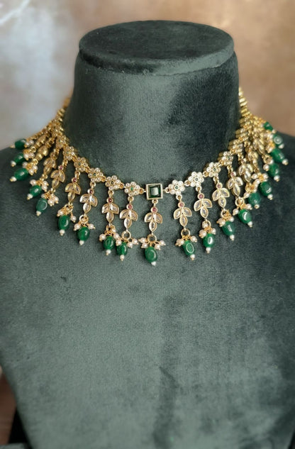 Emerald Polki Pearl Drop Necklace